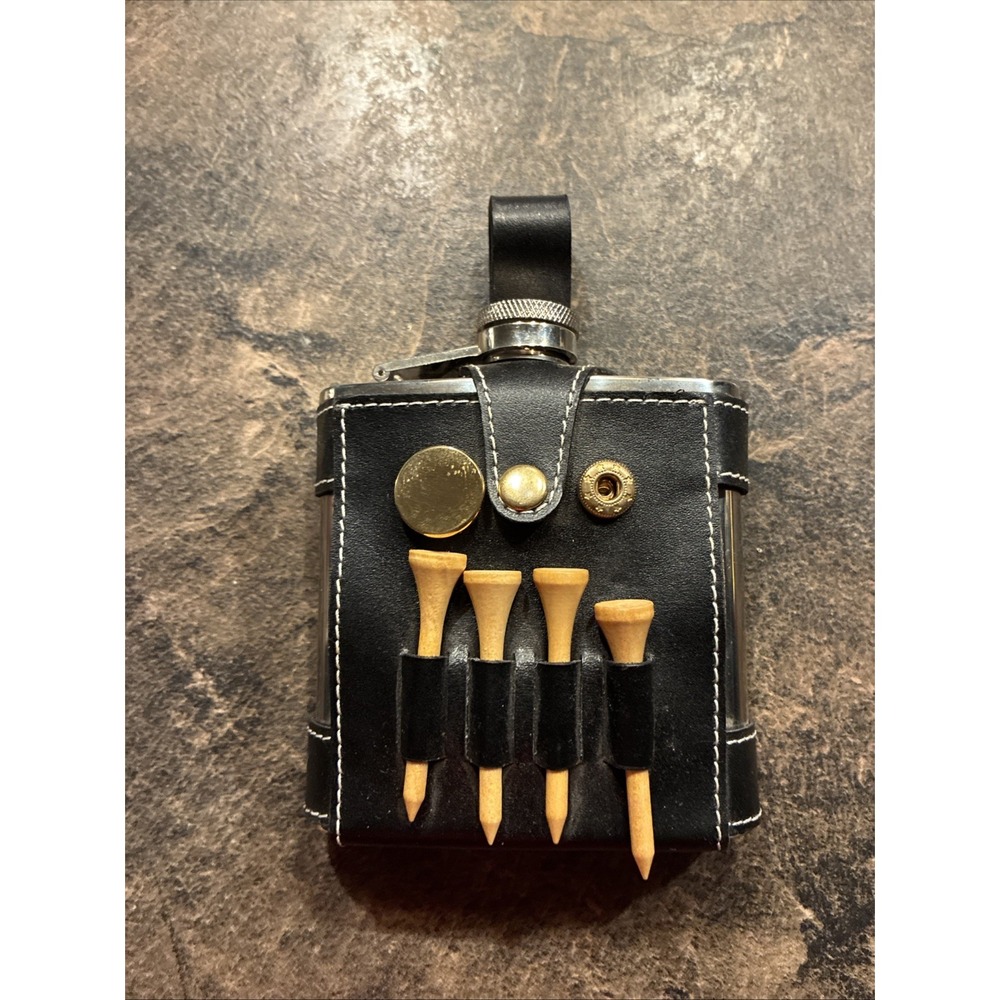 Golf Flask with Leather Case and Tees Perfect for Golf Fan Green Divet Marker